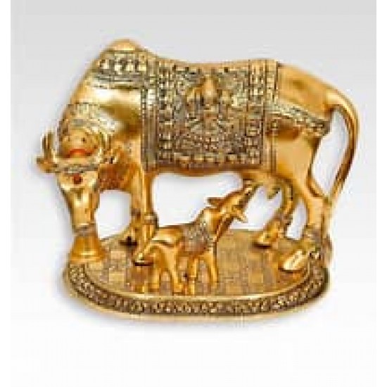 Metal Golden Kamdhenu Cow With Calf Statue,, Vastu Prodect