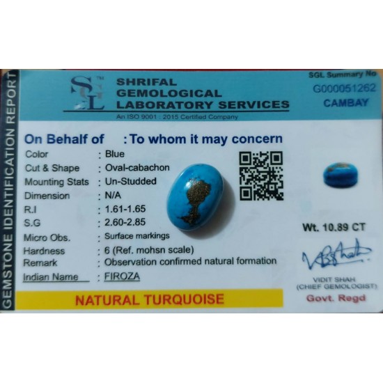 Natural Firoza Stone / Turquoise Stone Lab Certified 12.11 Ratti / 10.89 Carat Gemstone,Natural Firoza Stone (Iran Mines)